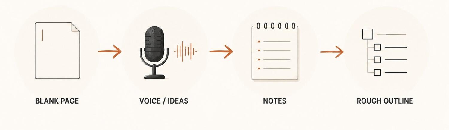 Illustration of where a manuscript starts: a blank page, a voice memo, a page of notes, then a rough outline