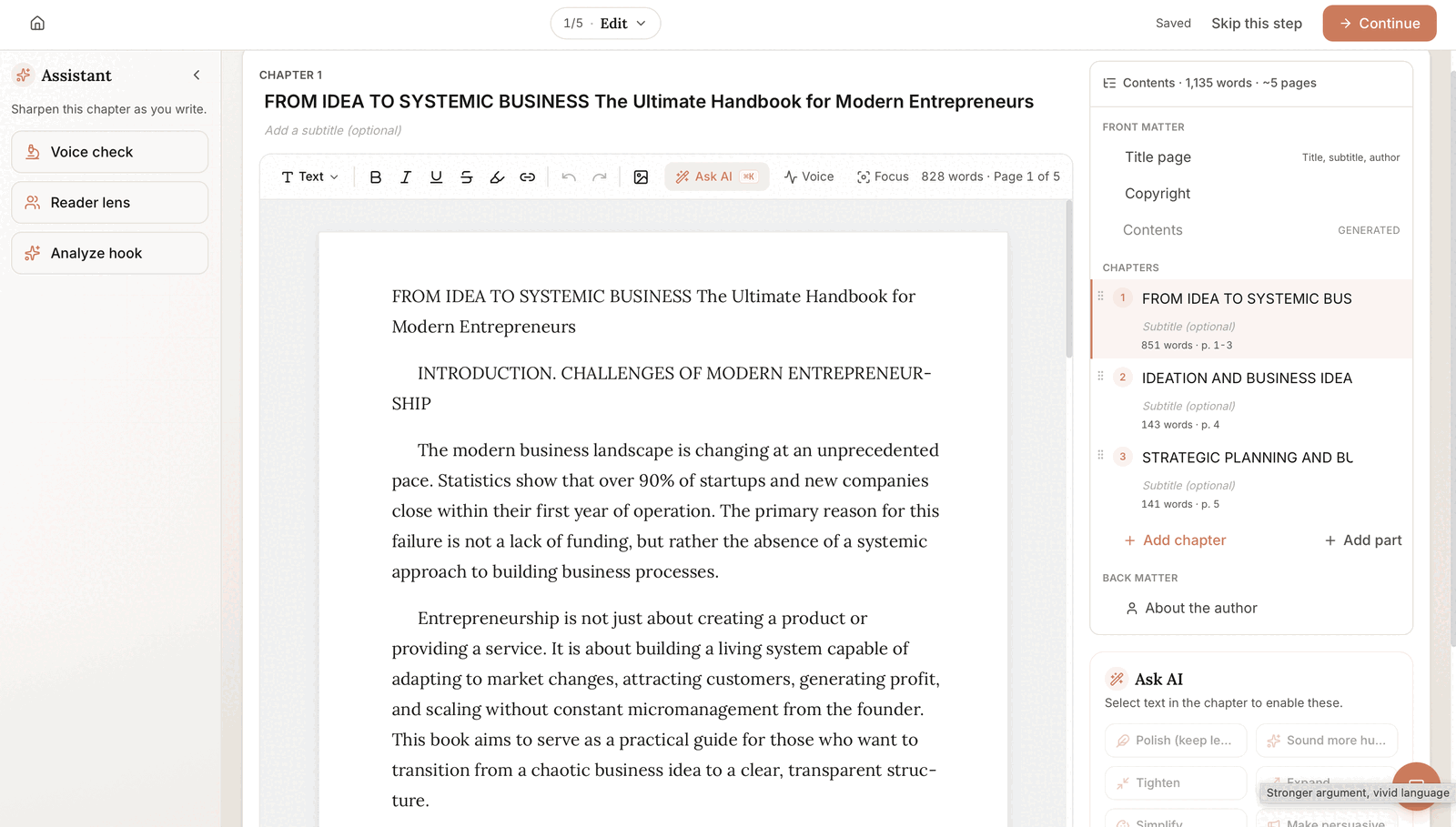 Built&Written's chapter editor with the Ask AI panel: Polish, Sound more human, Tighten, Expand, Simplify, and Make persuasive