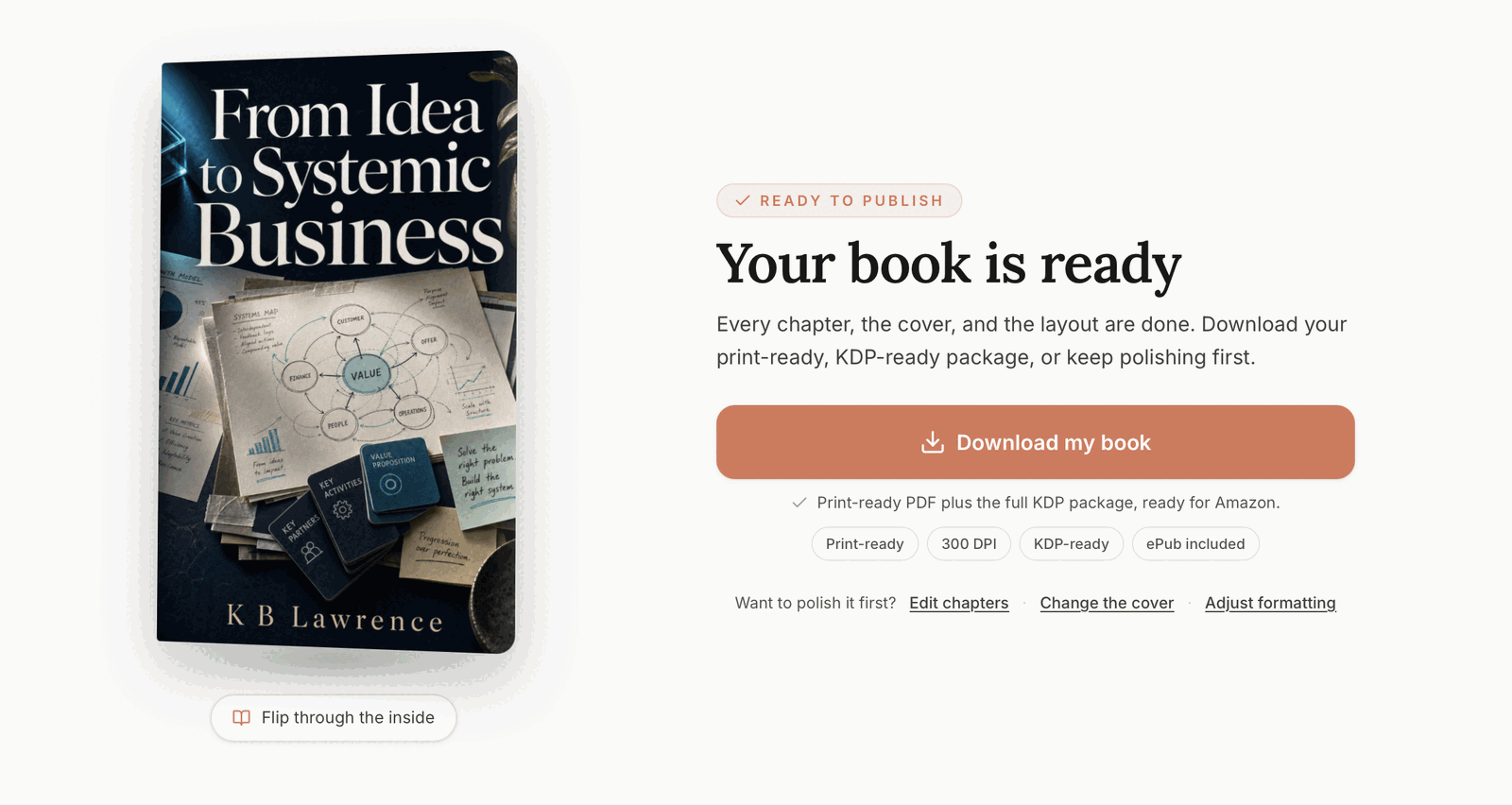 Built&Written's Your book is ready screen with a finished cover and the Download my book button for the KDP package