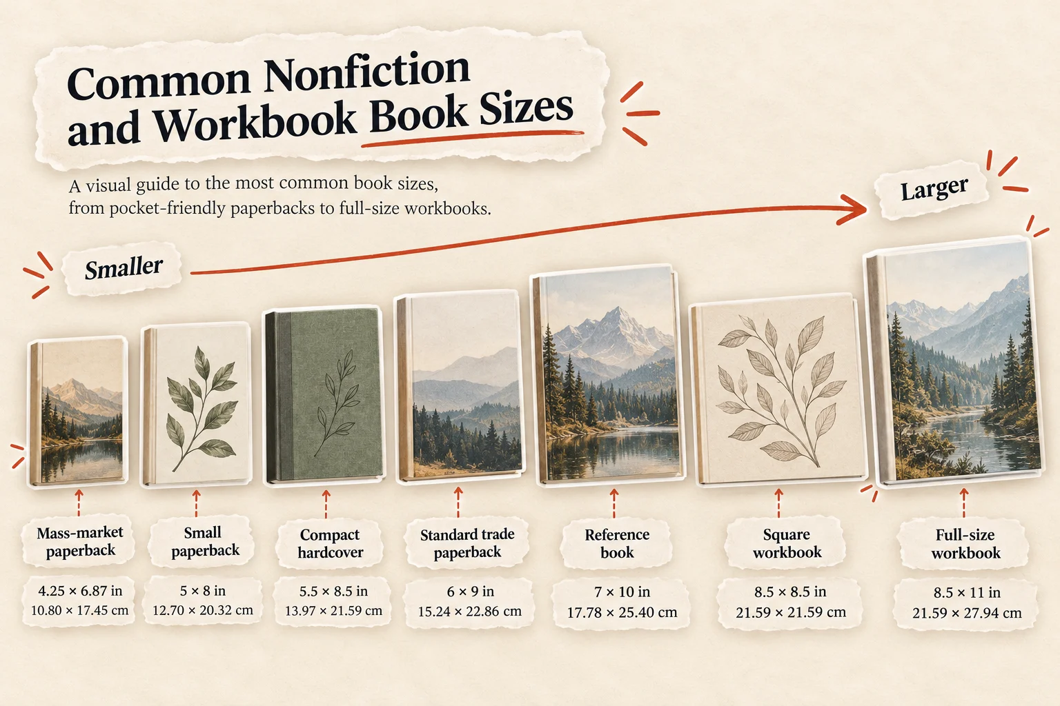 Seven illustrated books lined up from smallest to largest with their trim sizes: mass-market paperback 4.25 × 6.87 in, small paperback 5 × 8 in, compact hardcover 5.5 × 8.5 in, standard trade paperback 6 × 9 in, reference book 7 × 10 in, square workbook 8.5 × 8.5 in and full-size workbook 8.5 × 11 in, each with centimeter equivalents