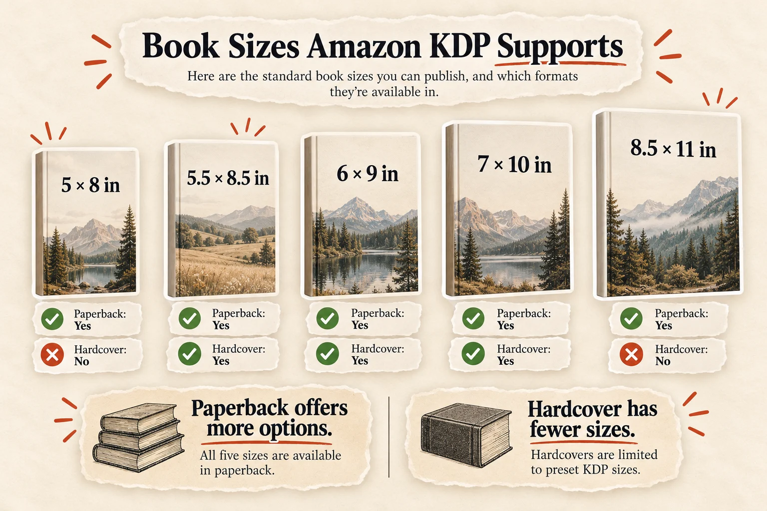 Five illustrated books at 5 × 8, 5.5 × 8.5, 6 × 9, 7 × 10 and 8.5 × 11 inches, each marked for Amazon KDP paperback and hardcover support: all five are available in paperback, while 5 × 8 and 8.5 × 11 are not available in hardcover