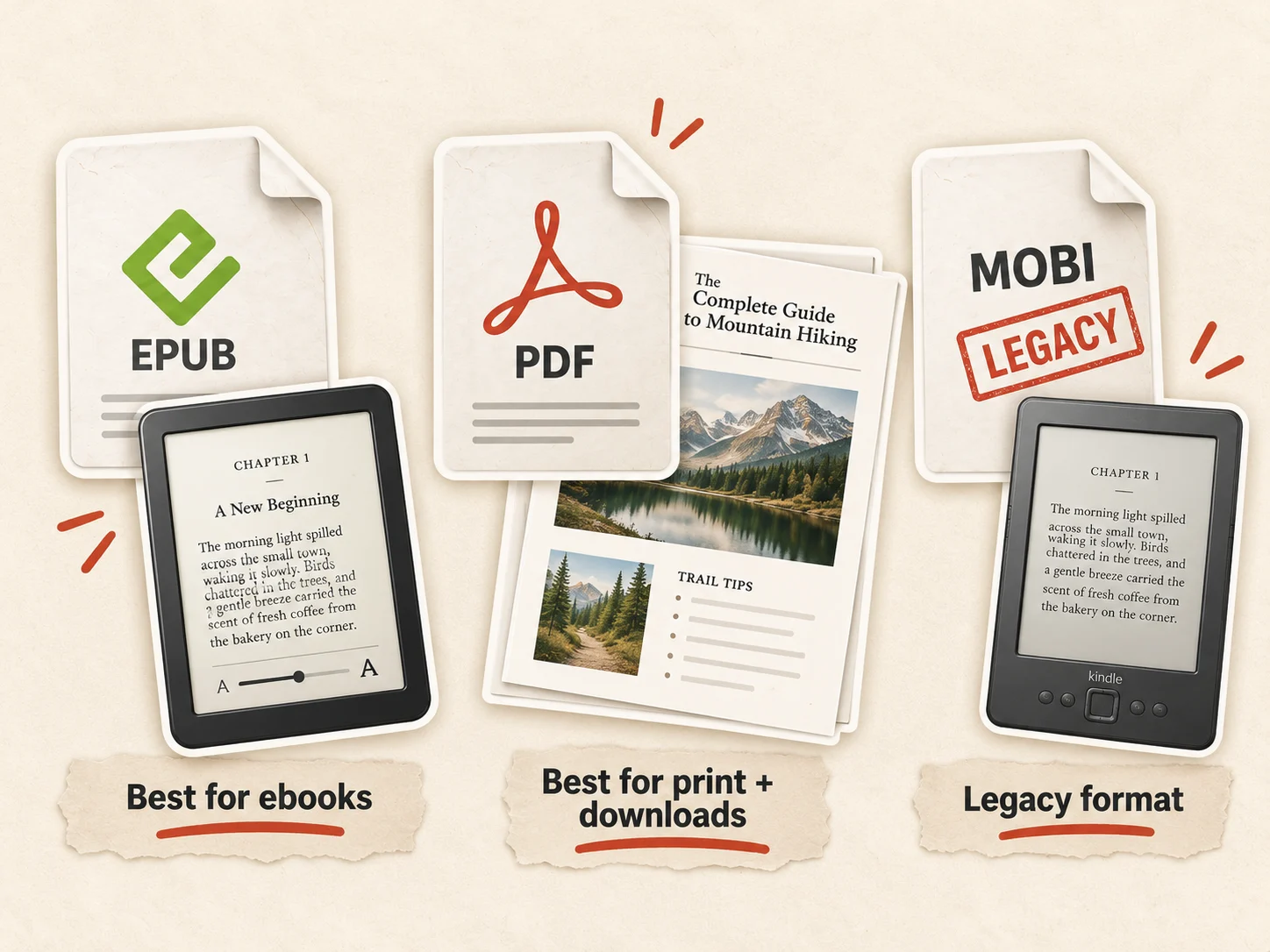 Three file icons side by side: EPUB with an e-reader, labeled best for ebooks; PDF with a workbook, labeled best for print and downloads; MOBI with an old Kindle and a red legacy stamp, labeled outdated.