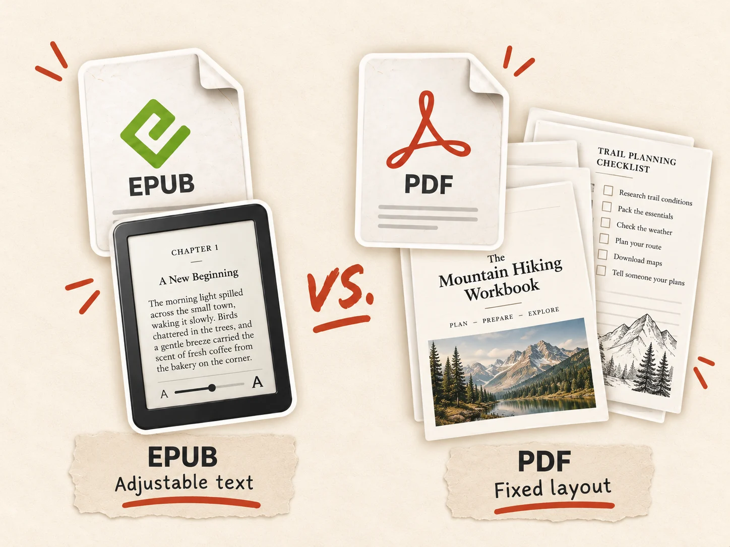 An e-reader showing EPUB text with a font size slider, next to PDF pages of a hiking workbook and a trail planning checklist that keep their fixed layout.