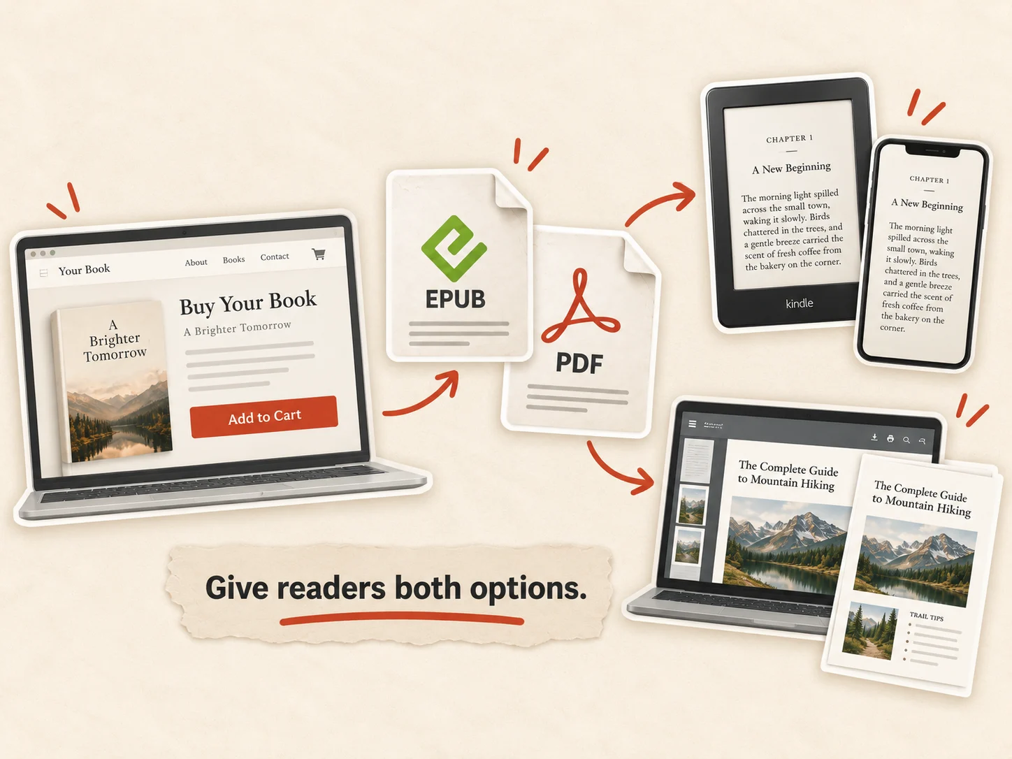A book sales page on a laptop leading to EPUB and PDF files; the EPUB opens on a Kindle and a phone, the PDF opens on a laptop and as a printed page.