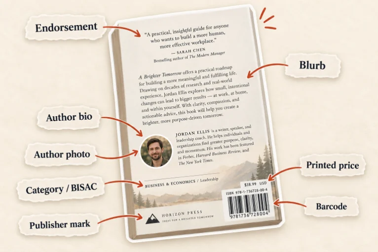 Back cover of a sample business book with labeled arrows pointing to the endorsement, blurb, author bio, author photo, category label, printed price, barcode and publisher mark