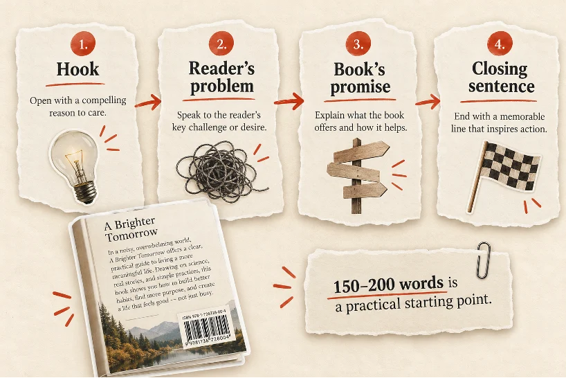 Four numbered cards for writing a blurb (hook, reader's problem, book's promise, closing sentence), a sample back cover, and a note that 150 to 200 words is a practical starting point