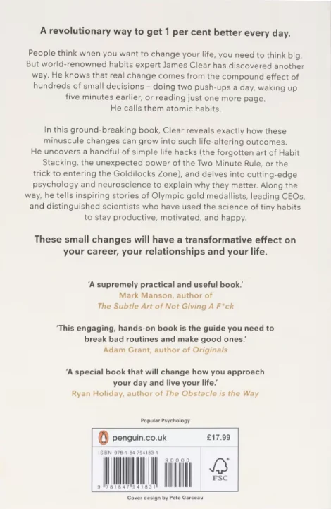 Back cover of the UK paperback of Atomic Habits by James Clear, with the description at the top, three endorsements below it, and the publisher details, price and barcode at the bottom