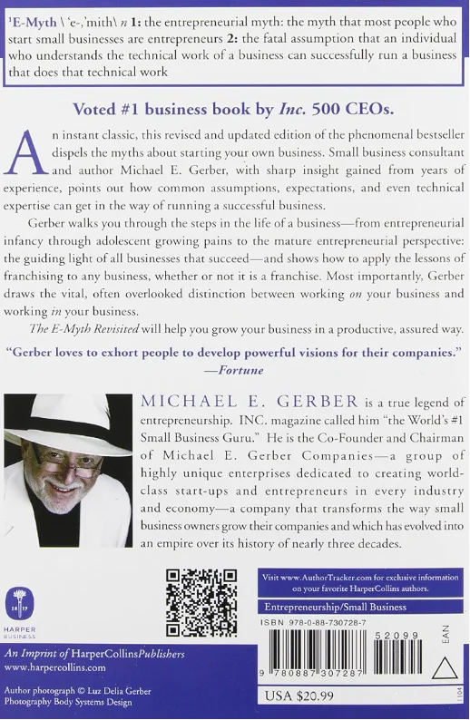 Back cover of the HarperBusiness paperback of The E-Myth Revisited by Michael E. Gerber, with the description, a Fortune endorsement, an author photo and bio, and the barcode at the bottom
