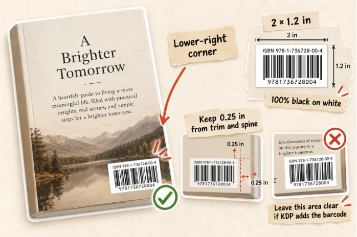 Sample book cover with a barcode in the lower-right corner, a diagram of the 2 by 1.2 inch barcode box, the 0.25 inch margin from trim and spine, and a crossed-out example of text running into the barcode area