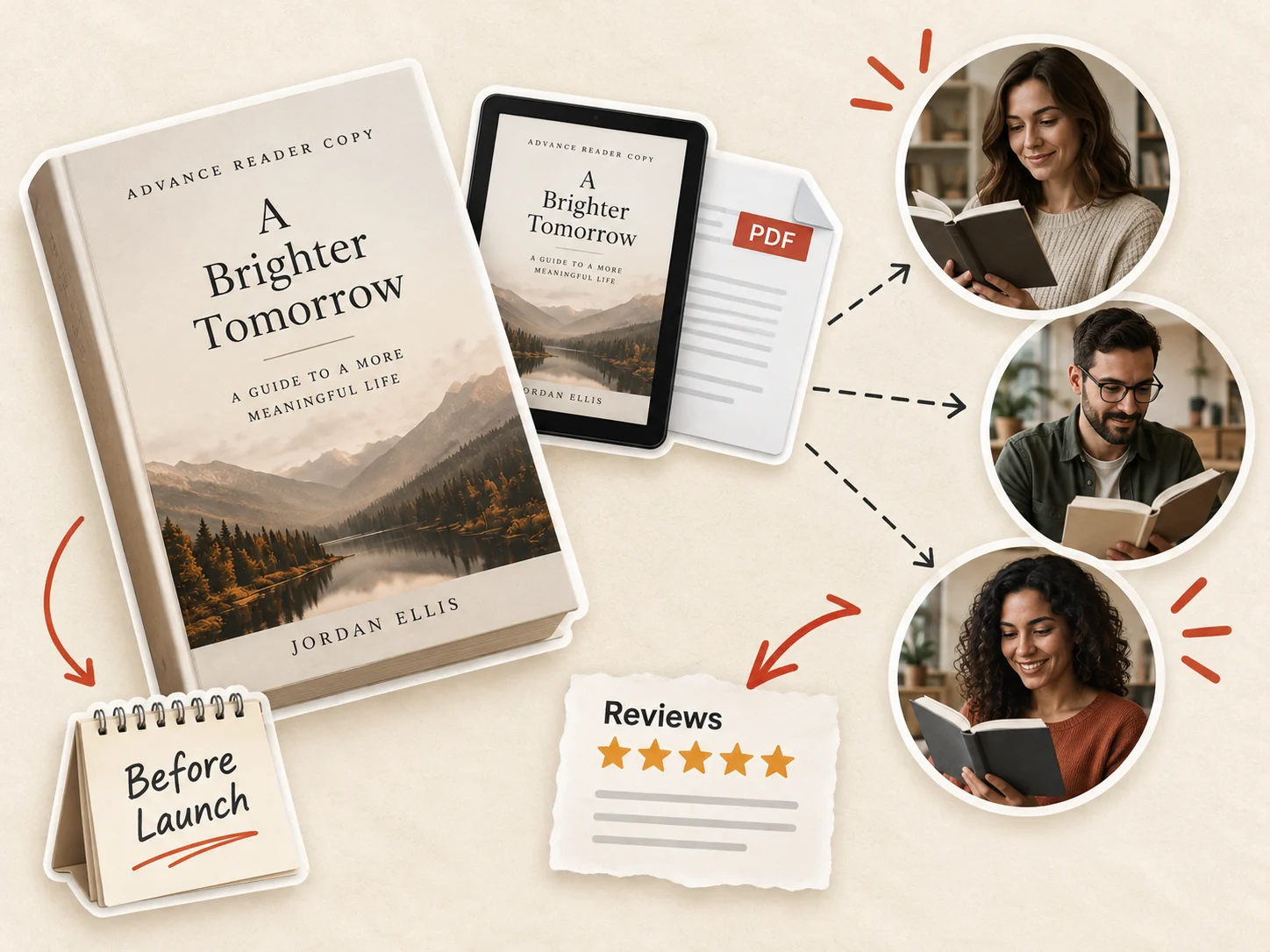 Ein Taschenbuch mit der Aufschrift „Advance Reader Copy“, ein Tablet mit demselben Buch und eine PDF-Datei; gestrichelte Pfeile führen zu drei Lesenden mit dem Buch, einer Karte mit fünf Sternen und einem Kalenderblatt mit der Aufschrift „Before Launch“.
