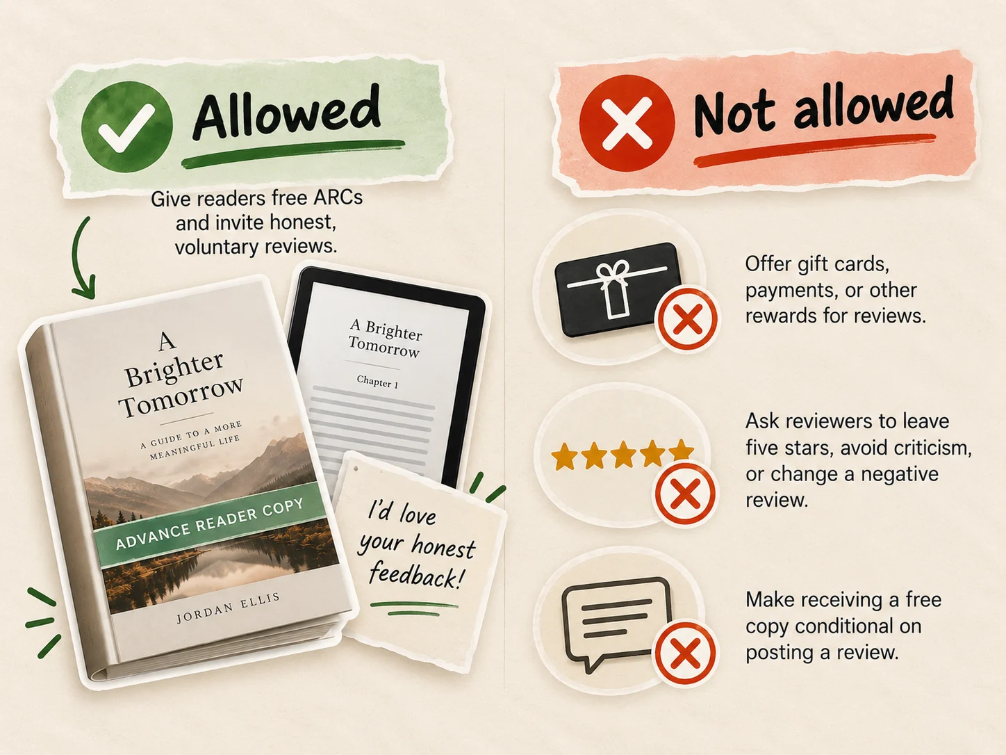 Grafik mit zwei Spalten: unter „Allowed“ ein ARC-Taschenbuch und ein E-Reader mit einer Notiz, die um ehrliches Feedback bittet; unter „Not allowed“ eine Geschenkkarte, eine Fünf-Sterne-Bewertung und eine Sprechblase, jeweils durchgestrichen, für bezahlte Rezensionen, geforderte fünf Sterne und ein Gratisexemplar, das an eine Rezension geknüpft ist.