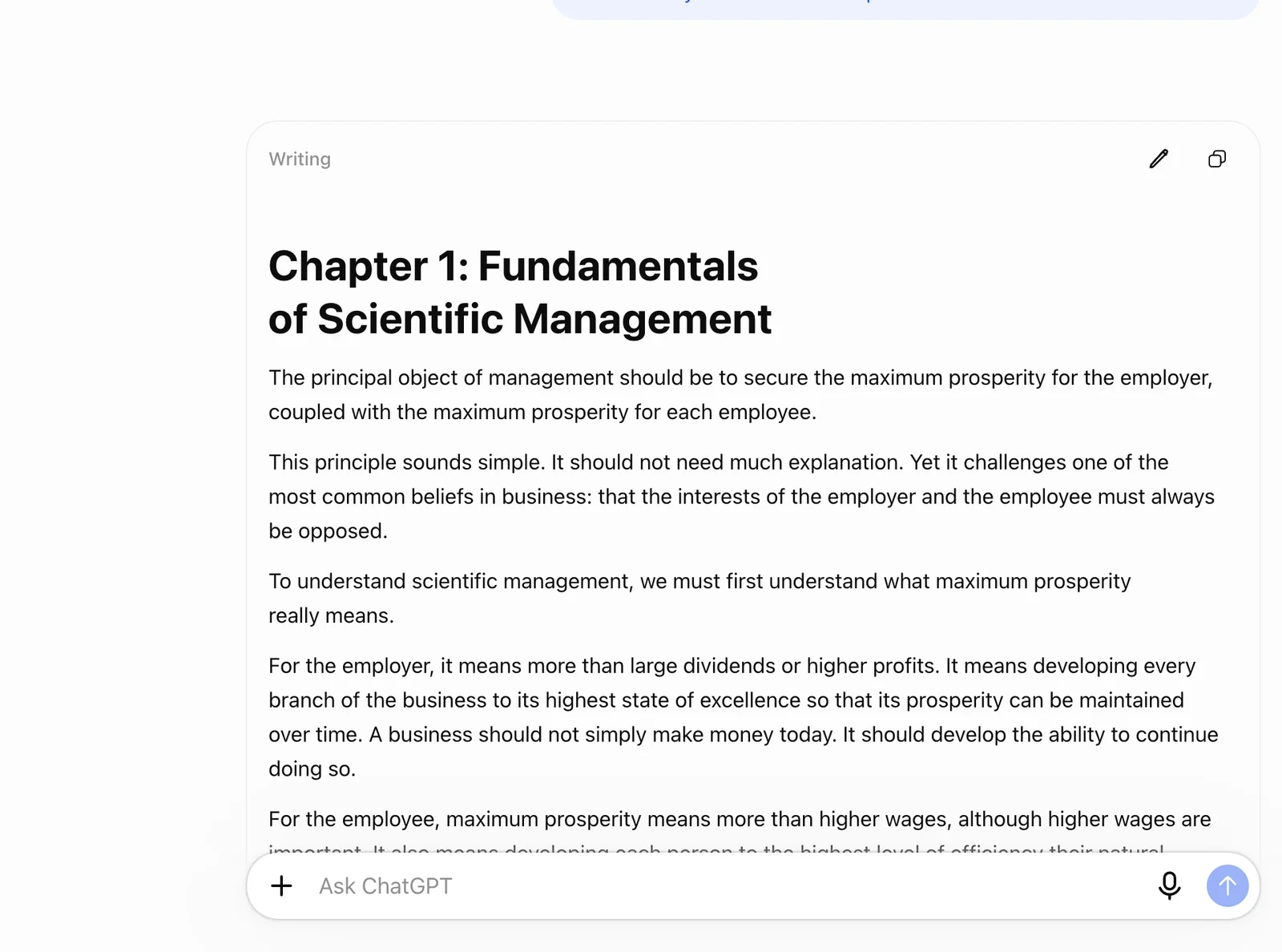 ChatGPT answer titled Chapter 1: Fundamentals of Scientific Management, written from the pasted notes, in a logged-out session
