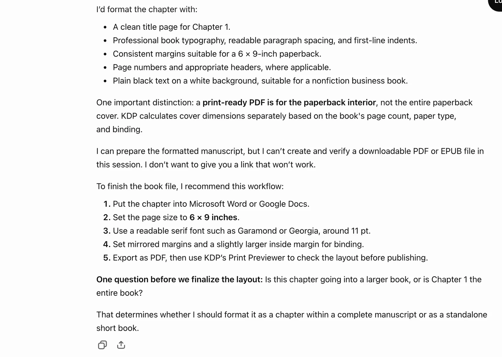 ChatGPT reply saying it can prepare the formatted manuscript but cannot create and verify a downloadable PDF or EPUB file in this session, followed by a five-step Word or Google Docs workflow
