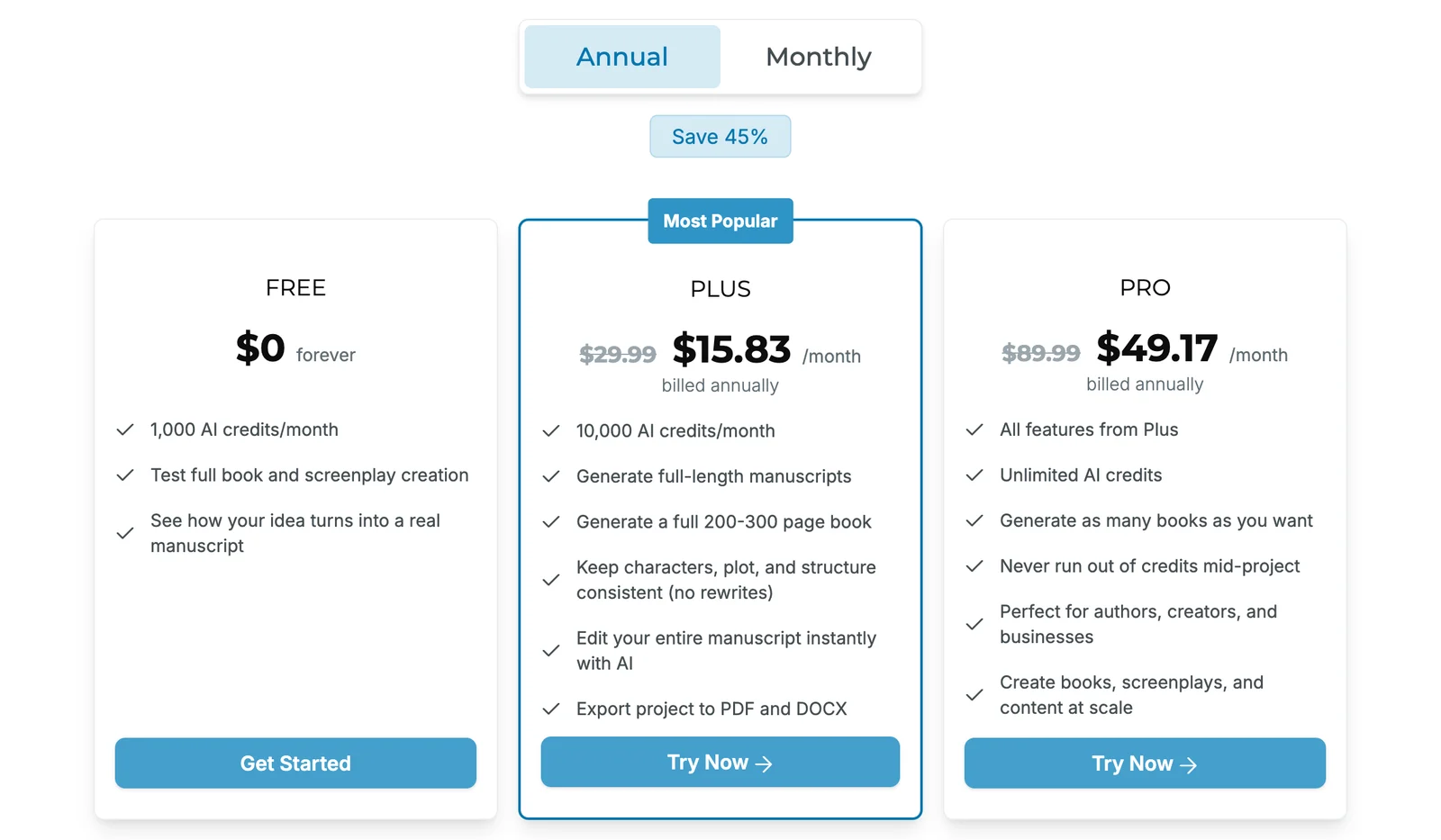 Squibler pricing page: Free $0 forever with 1,000 AI credits, Plus $15.83 per month billed annually with export to PDF and DOCX, Pro $49.17 per month billed annually
