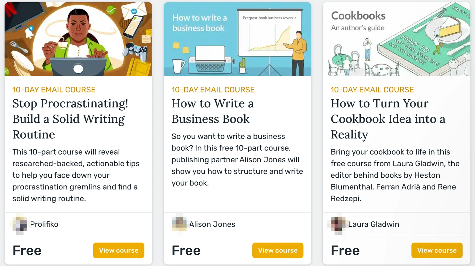 Reedsy Learning course cards: How to Write a Business Book, a free 10-day email course by Alison Jones, next to two other free email courses