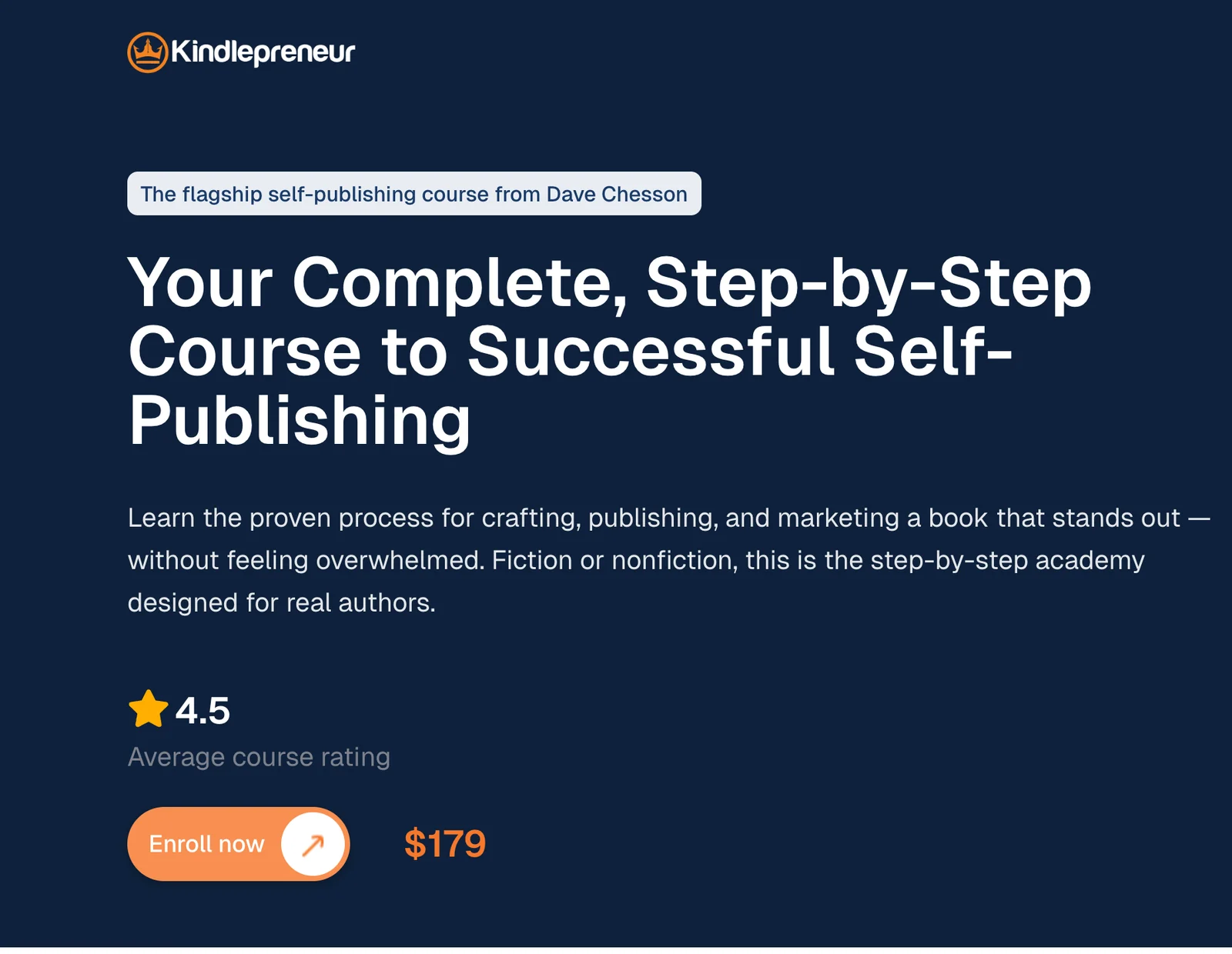 Kindlepreneur page for Authorpreneur Academy, the flagship self-publishing course from Dave Chesson, with a 4.5 average course rating, an Enroll now button and the price $179