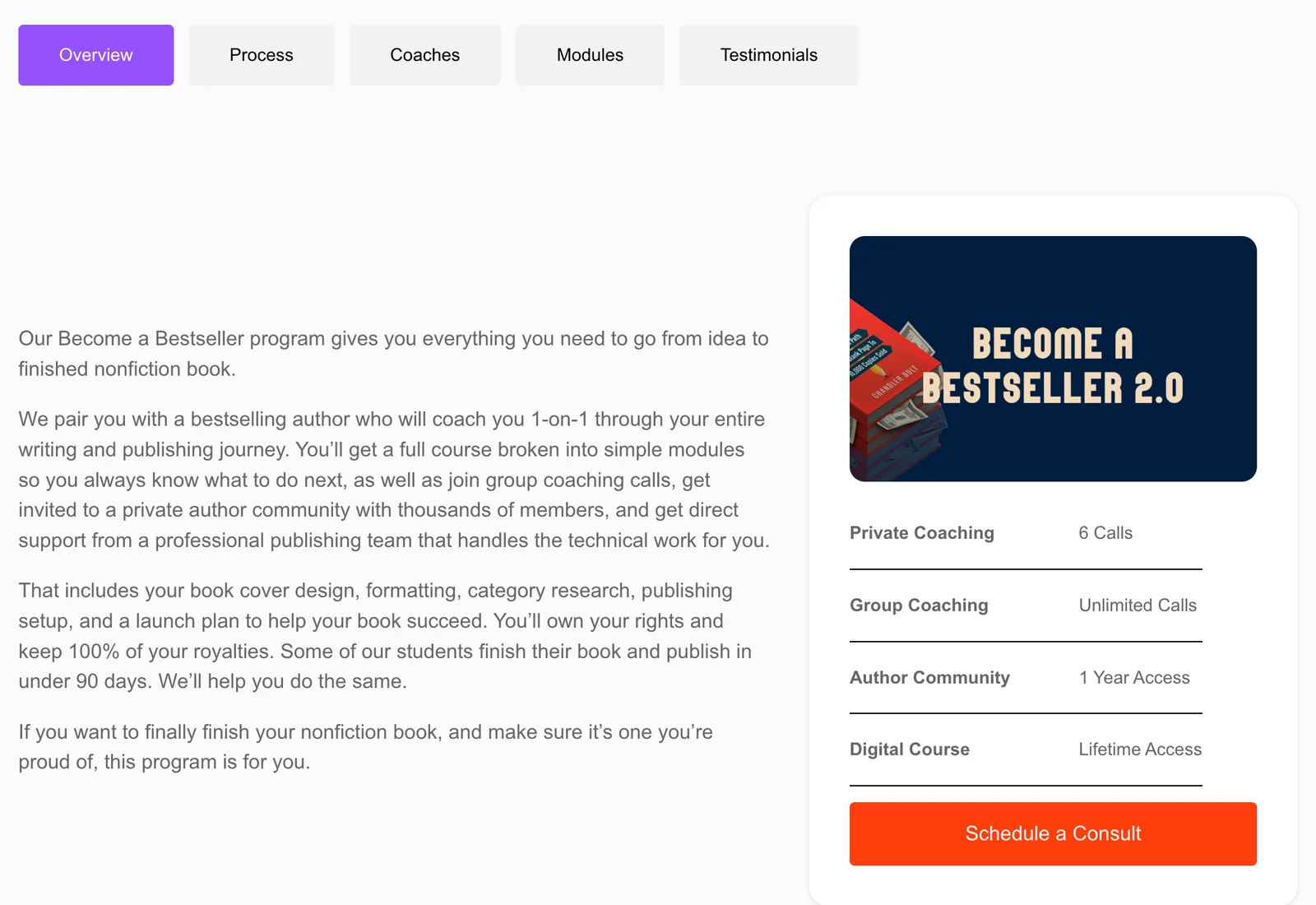 Self-Publishing School nonfiction program page: Become a Bestseller 2.0 with 6 private coaching calls, unlimited group coaching calls, 1 year author community, lifetime digital course, and a Schedule a Consult button