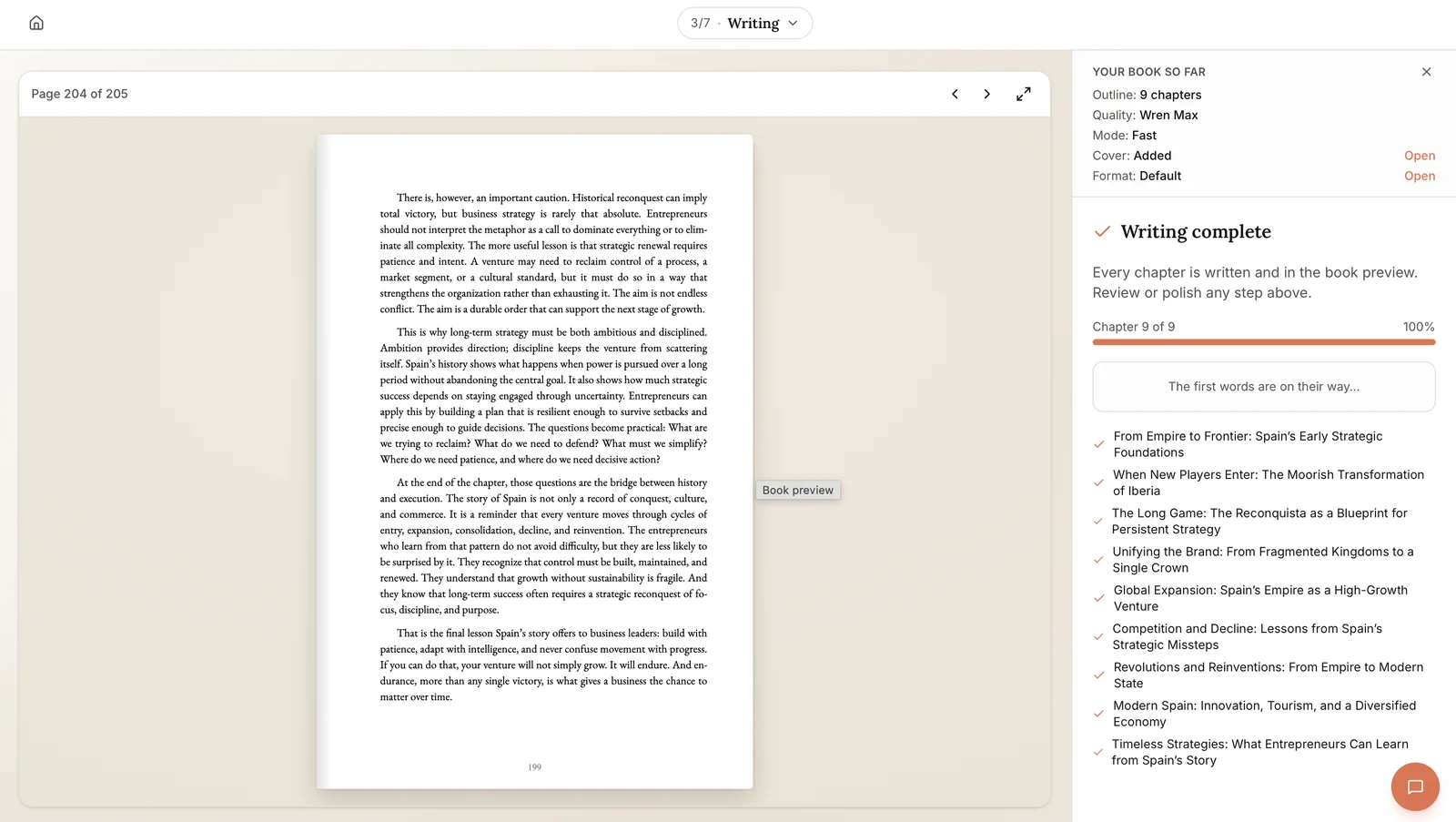 Built&Written Writing step finished: the book preview on the left; on the right, Writing complete, Chapter 9 of 9 at 100% and every chapter ticked, under a panel listing the outline, cover and format