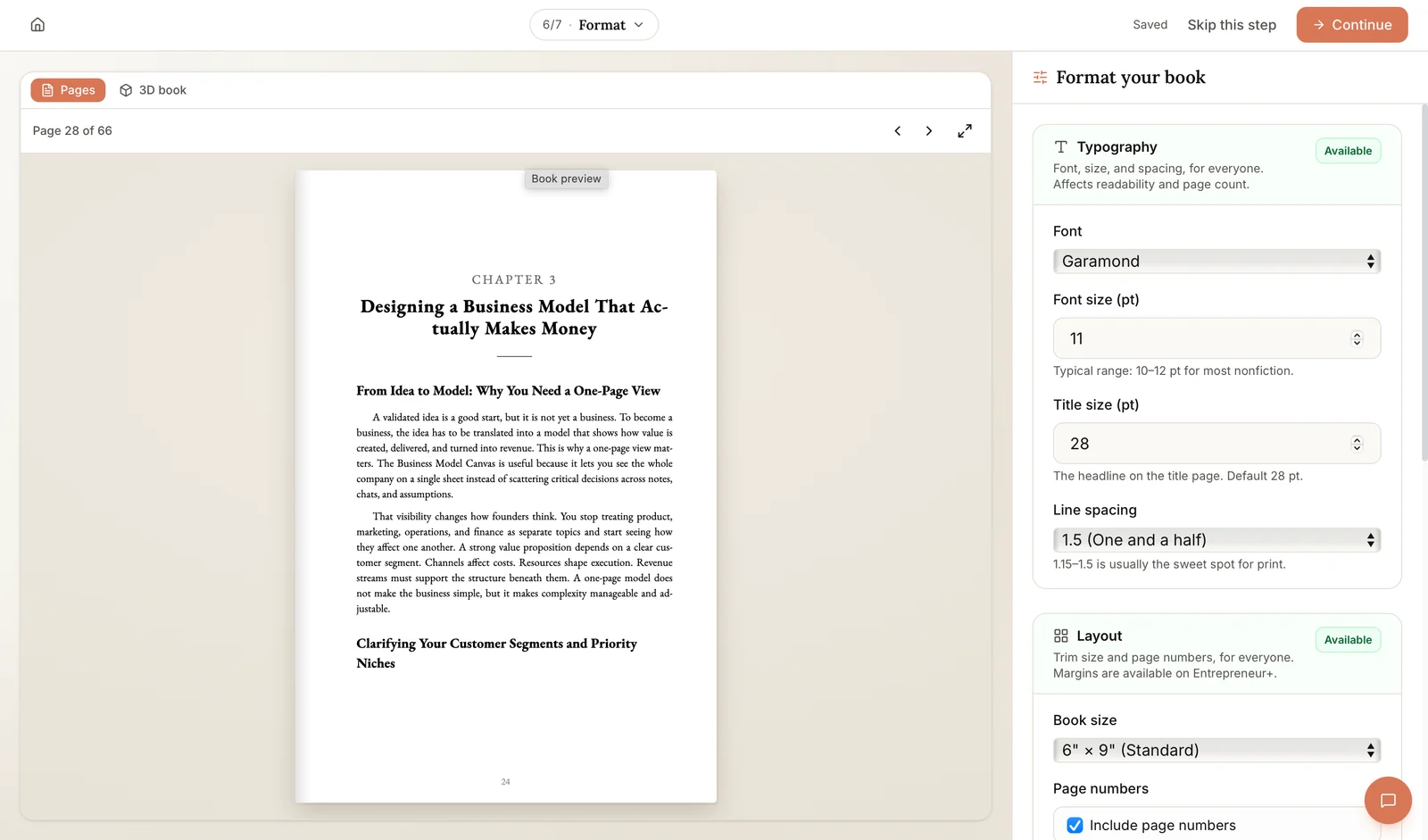 Built&Written Format step: a chapter page in the book preview; on the right, the Format your book panel with Garamond font, 11 pt text, 1.5 line spacing and the 6 x 9 inch book size
