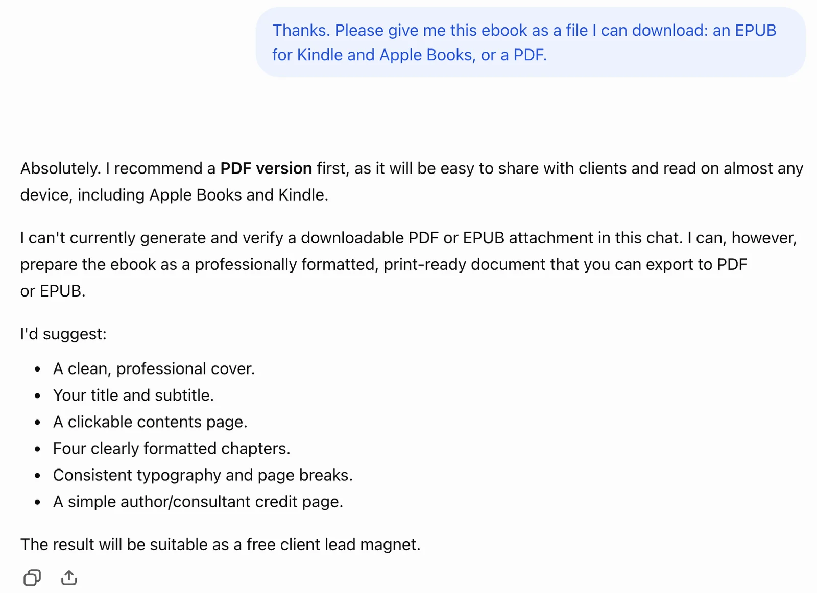 ChatGPT reply to our request for an EPUB or PDF file: it recommends a PDF but says it cannot currently generate and verify a downloadable PDF or EPUB attachment in this chat, then lists a cover, contents page and four chapters it would prepare