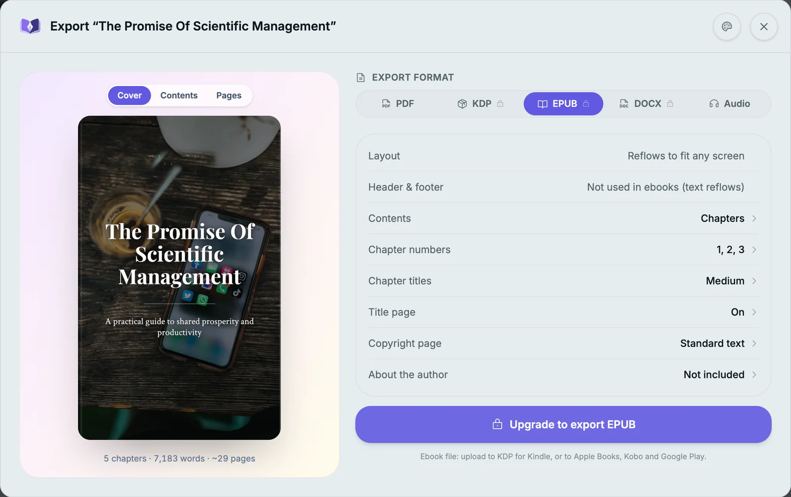 Inkfluence AI export window for our test book The Promise Of Scientific Management: 5 chapters, 7,183 words, about 29 pages, with the EPUB tab open and the button Upgrade to export EPUB