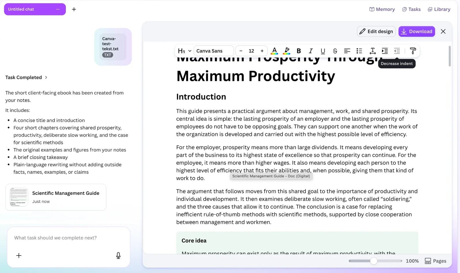 Canva AI after our test: the chat on the left reports that the short client-facing ebook was created from the notes, with a title and introduction, four short chapters and a closing takeaway; on the right the Canva Doc opens with the title Maximum Prosperity Through Maximum Productivity and an introduction