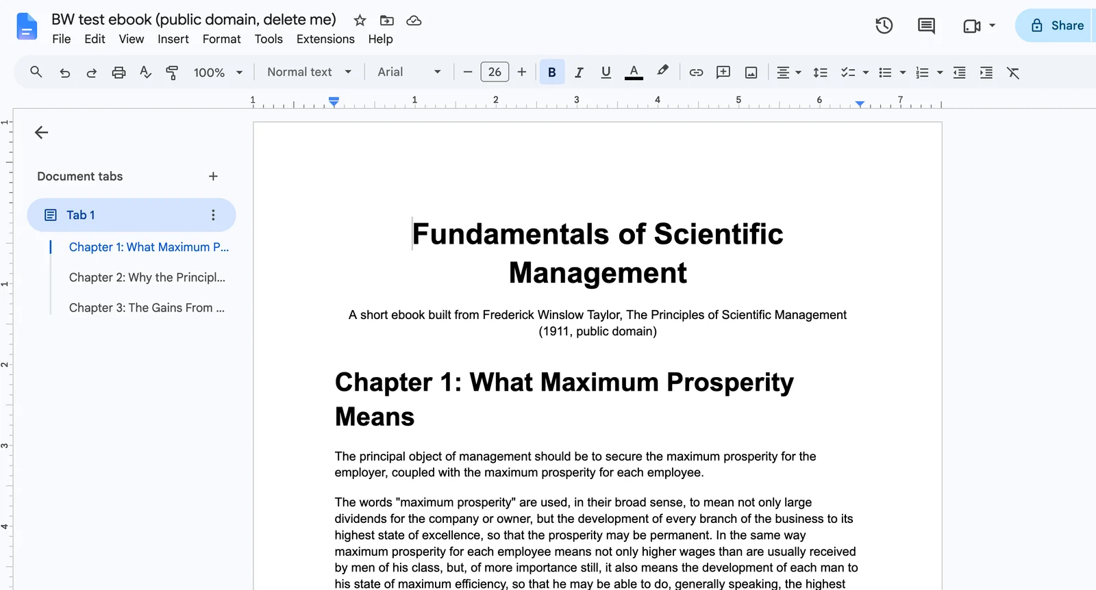 Google Docs editor with a three-chapter test ebook; the chapters show in the left panel because each title uses the Heading 1 style