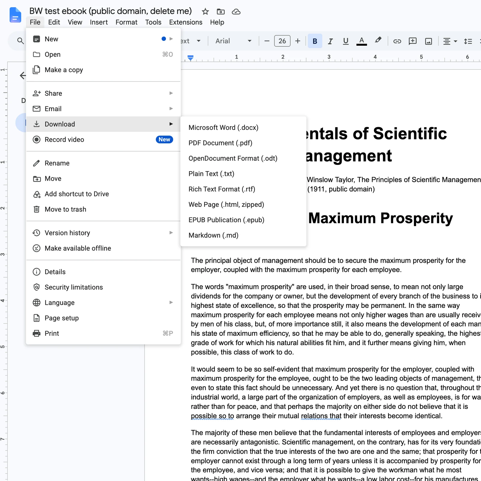 Google Docs File menu with Download open, listing Microsoft Word, PDF Document, EPUB Publication and other formats