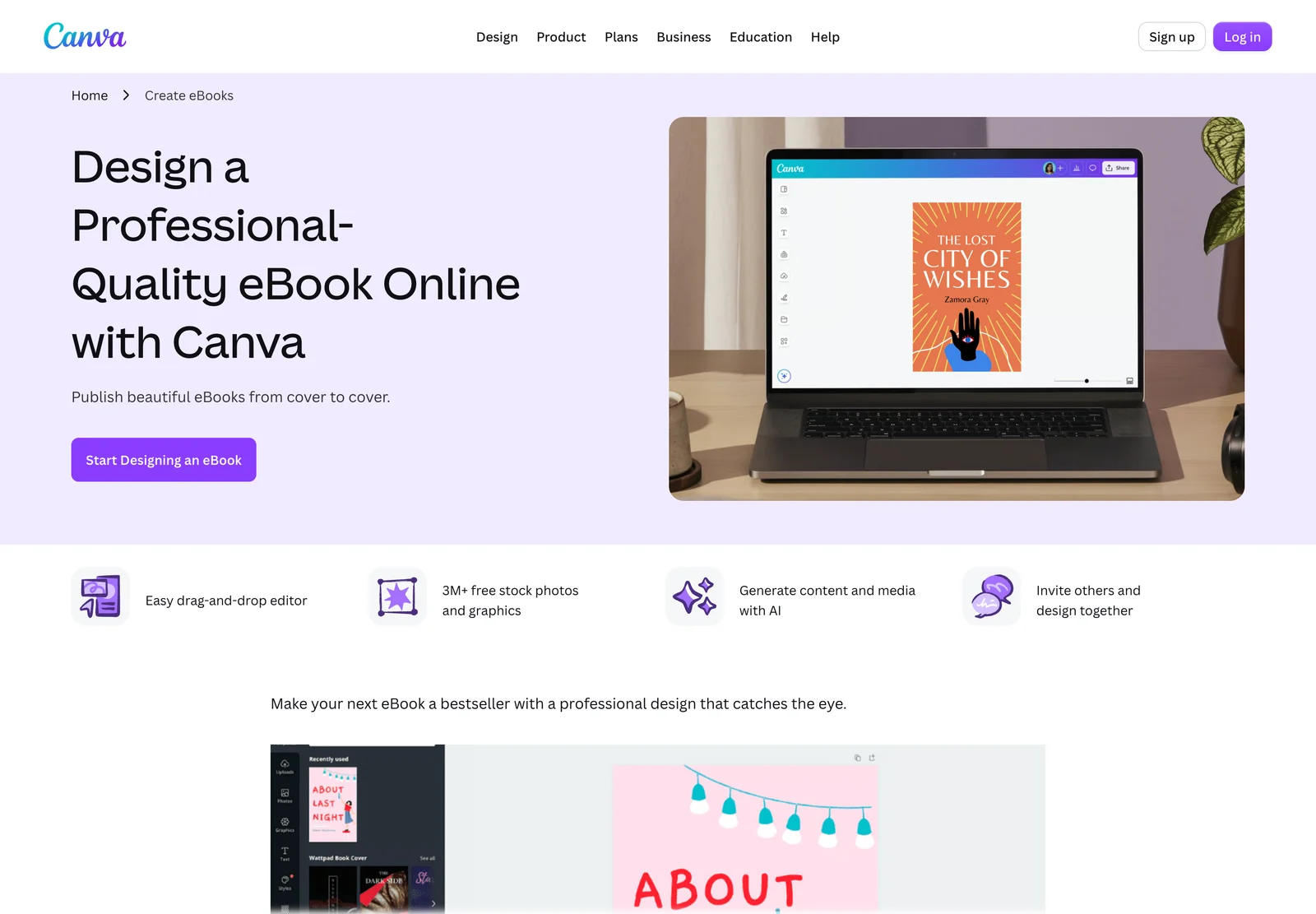 Canva page titled Design a Professional-Quality eBook Online with Canva, with a laptop showing an ebook cover in the editor