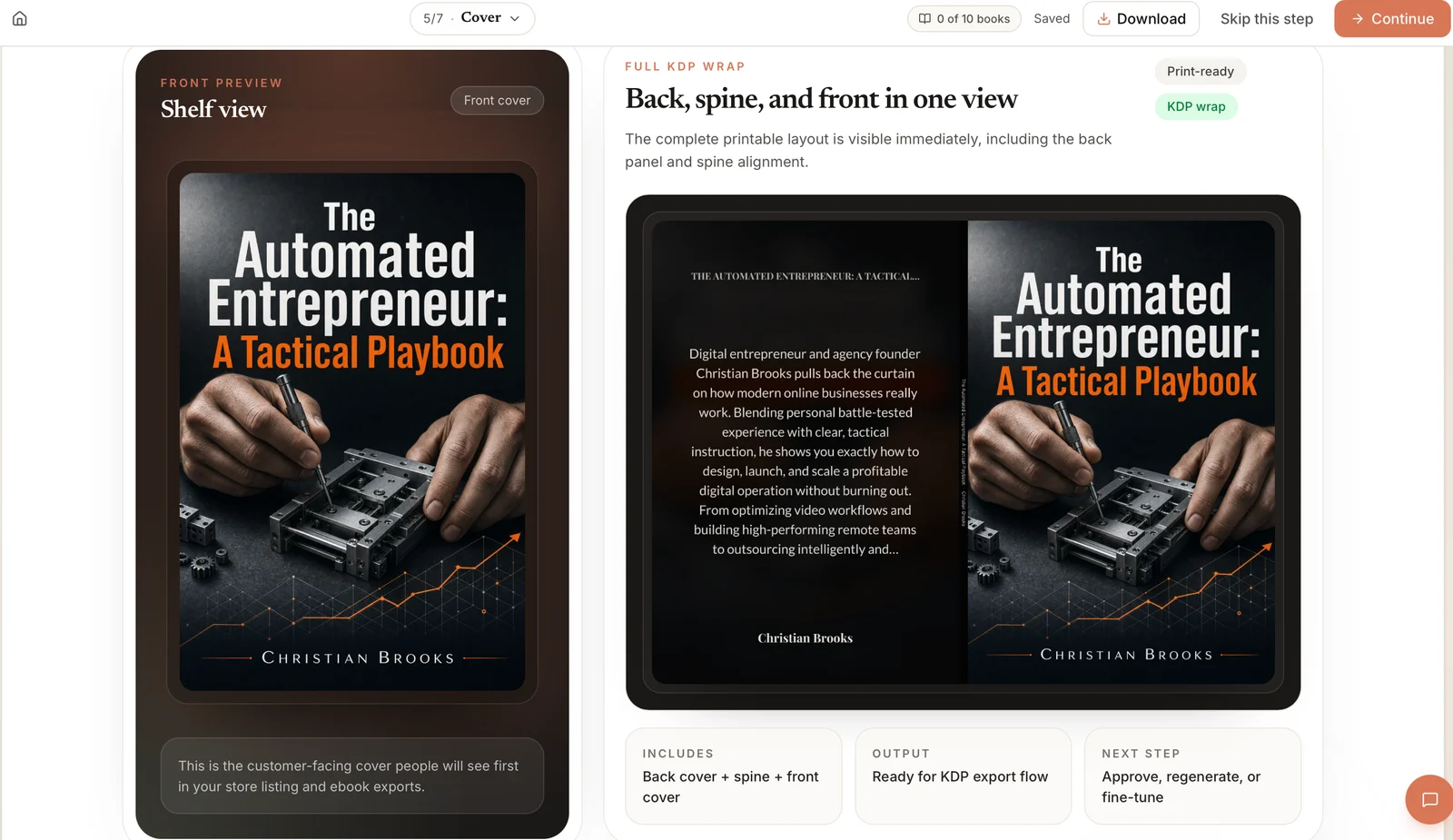 Built&Written cover step: a front cover in a shelf view and the full KDP wrap with back cover, spine and front cover, marked Print-ready and KDP wrap