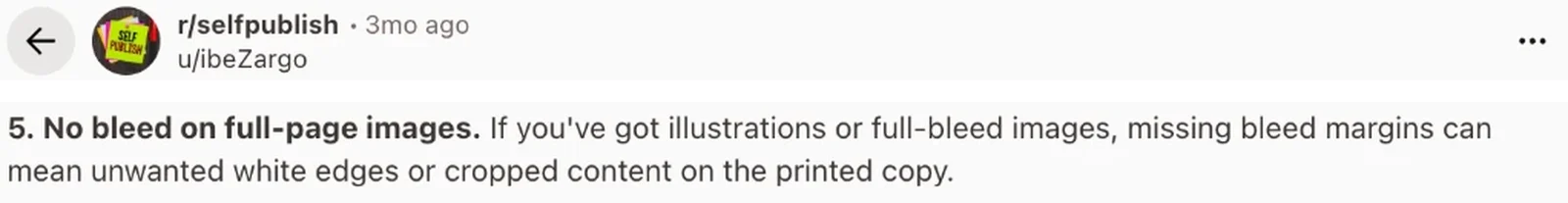 Reddit post 5 formatting mistakes, point 5: no bleed on full-page images, which can mean white edges or cropped content on the printed copy