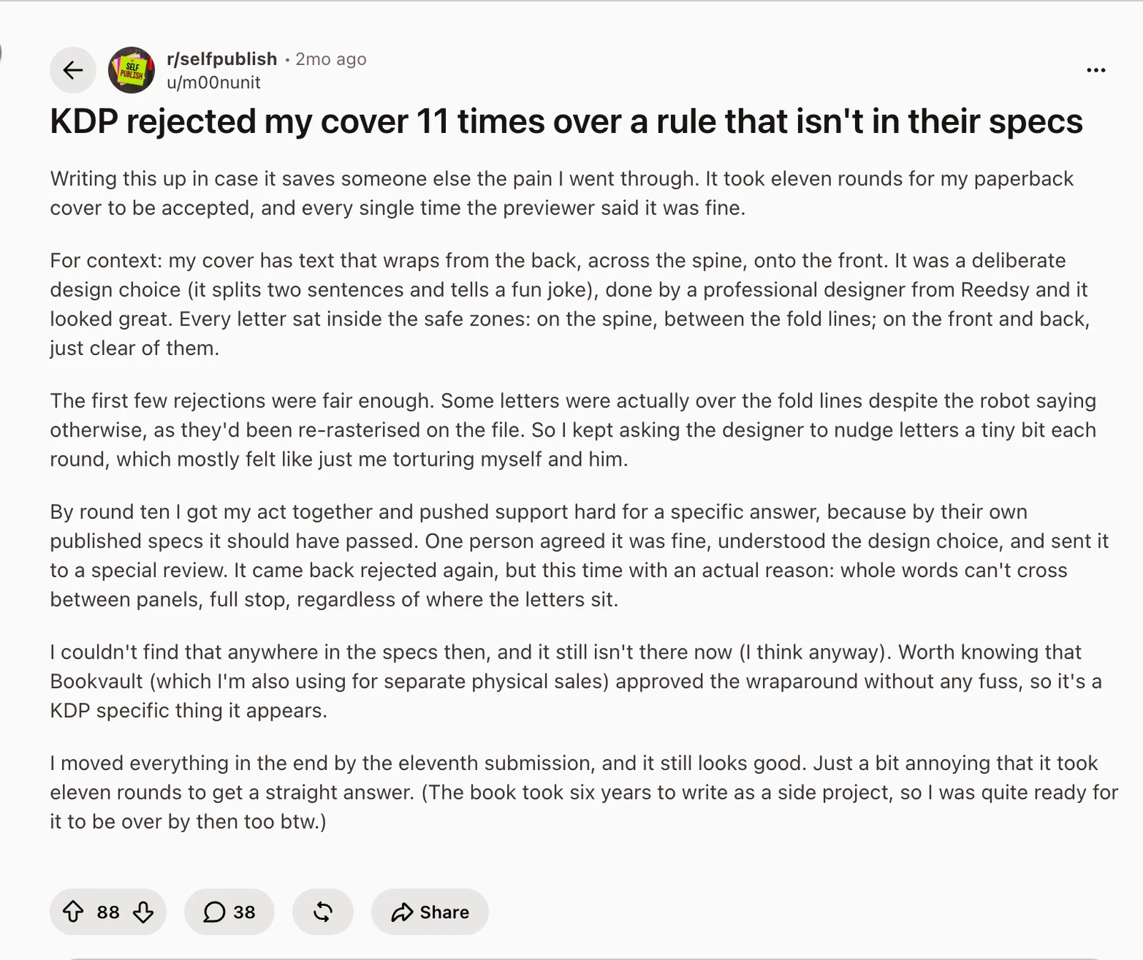 Reddit post KDP rejected my cover 11 times over a rule that isn't in their specs, about text wrapping from the back cover across the spine onto the front, with 88 votes and 38 comments