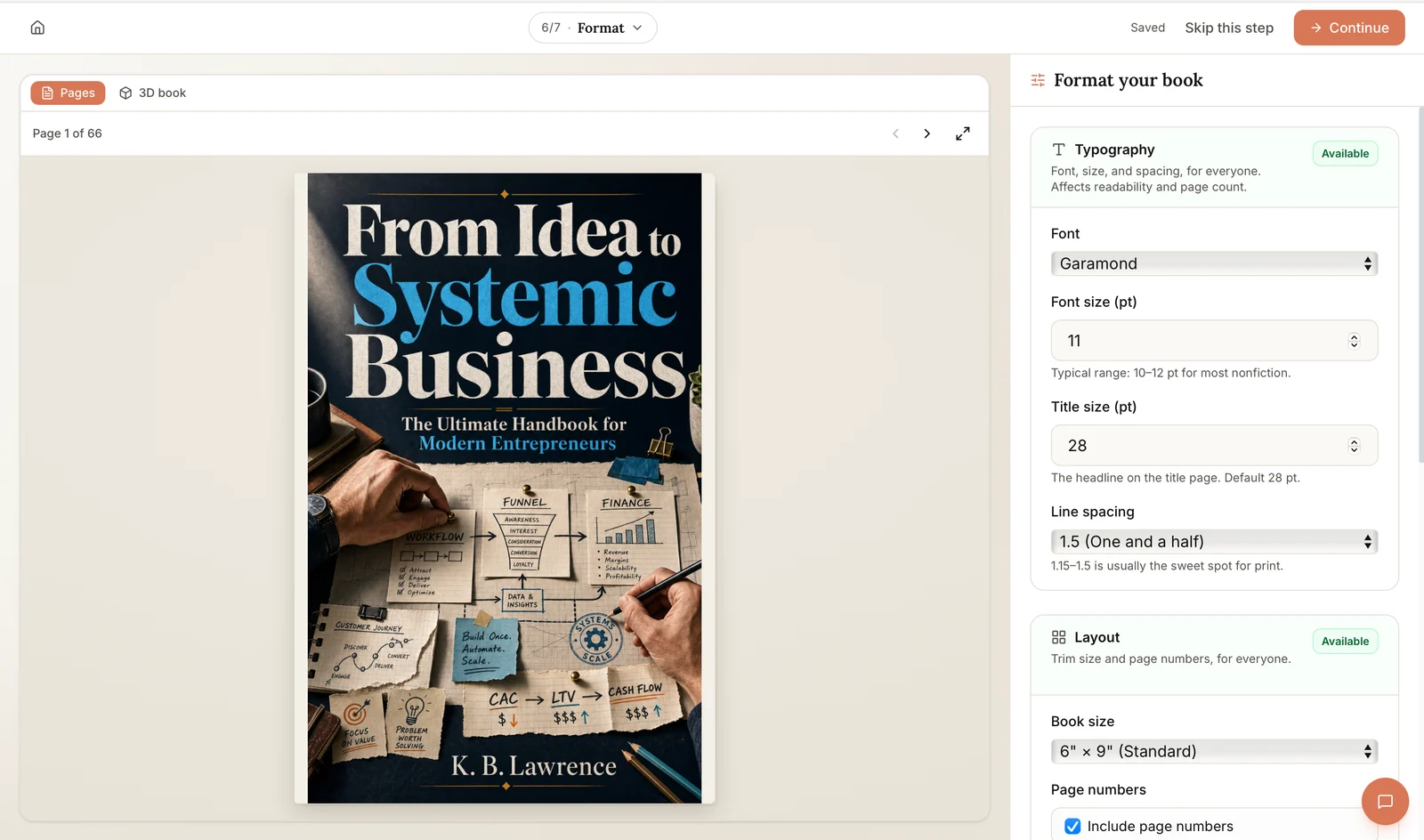 Built&Written Format step: page preview with the book cover, and on the right the Format your book panel with Garamond font, 11 pt text, 28 pt title, 1.5 line spacing and the 6 x 9 inch standard book size