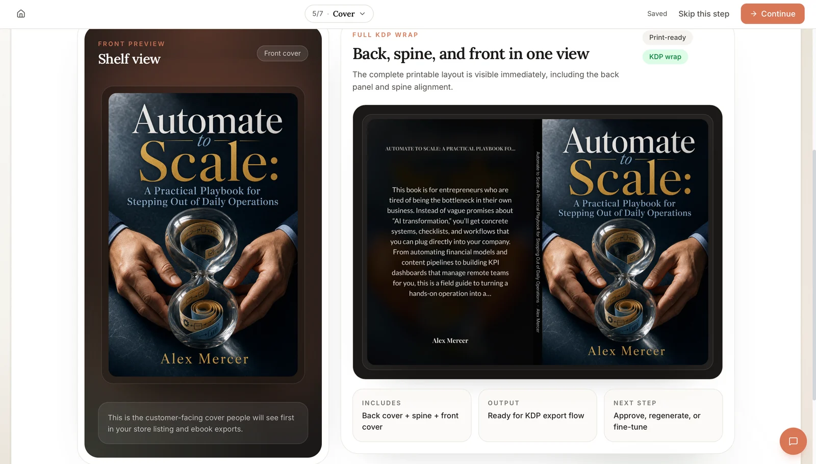 Built&Written Cover step: shelf view of the front cover and the full KDP wrap with back cover, spine and front cover in one view, marked Print-ready and KDP wrap