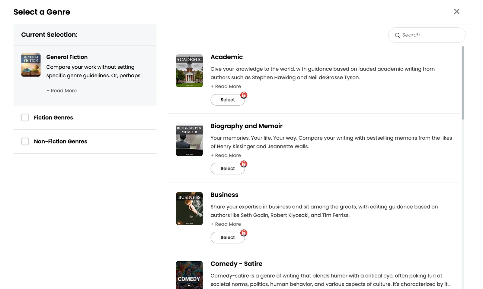 AutoCrit genre menu on the free plan: General Fiction selected, Business, Academic and Biography locked