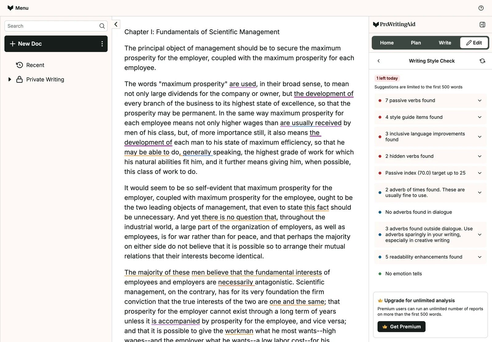 ProWritingAid style report on the test chapter: 7 passive verbs, passive index 70, limited to the first 500 words