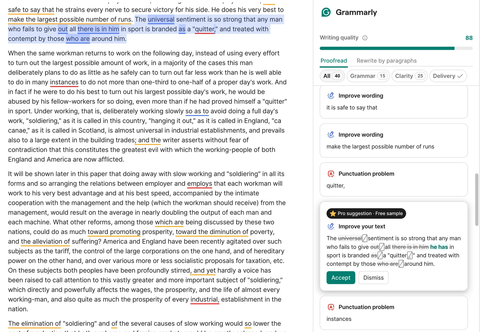 Grammarly editor showing 40 suggestions and a rewrite that deletes the word universal from Taylor's sentence