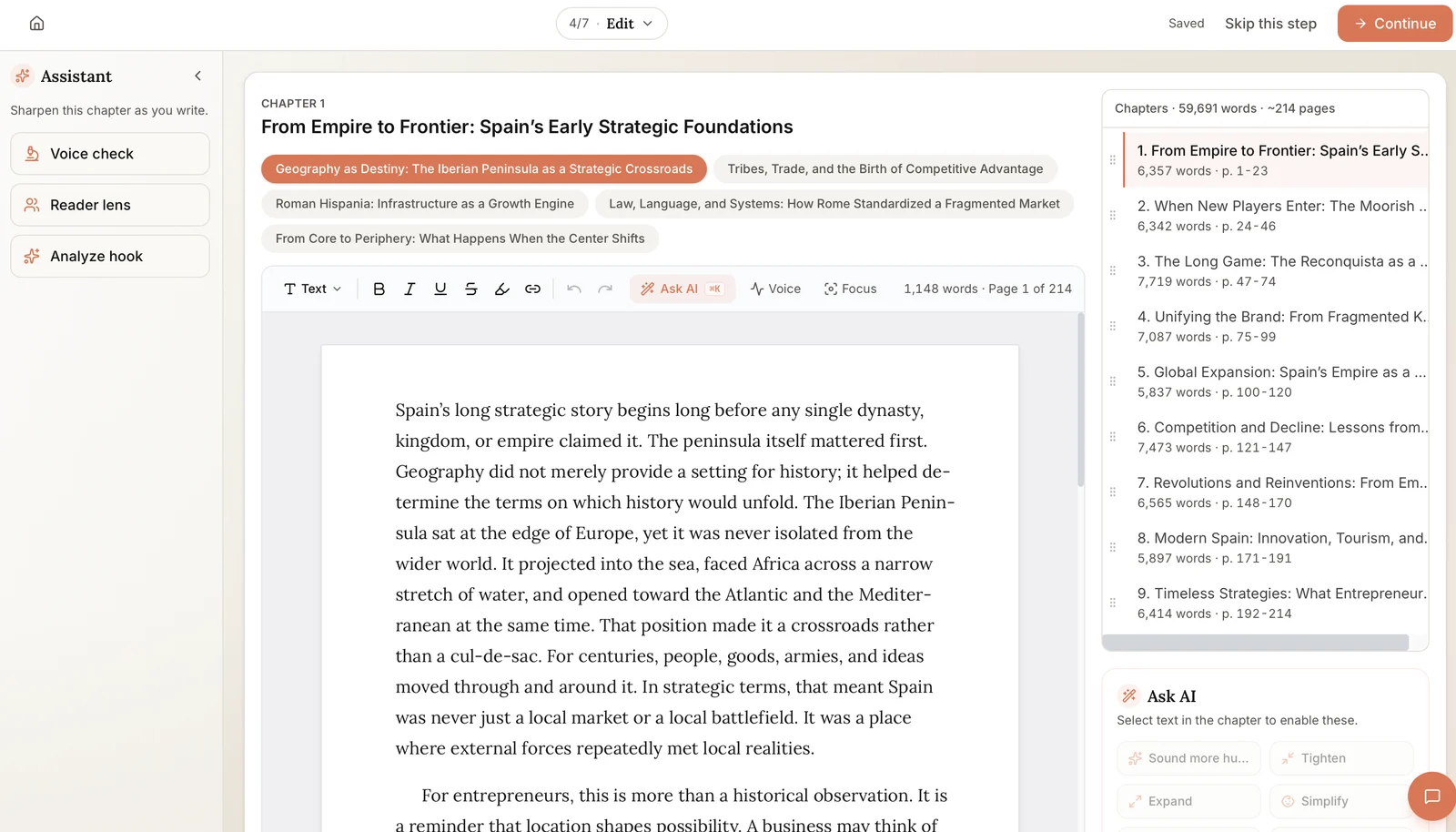 Built&Written chapter editor with the chapter list and word counts and the Ask AI panel on the right