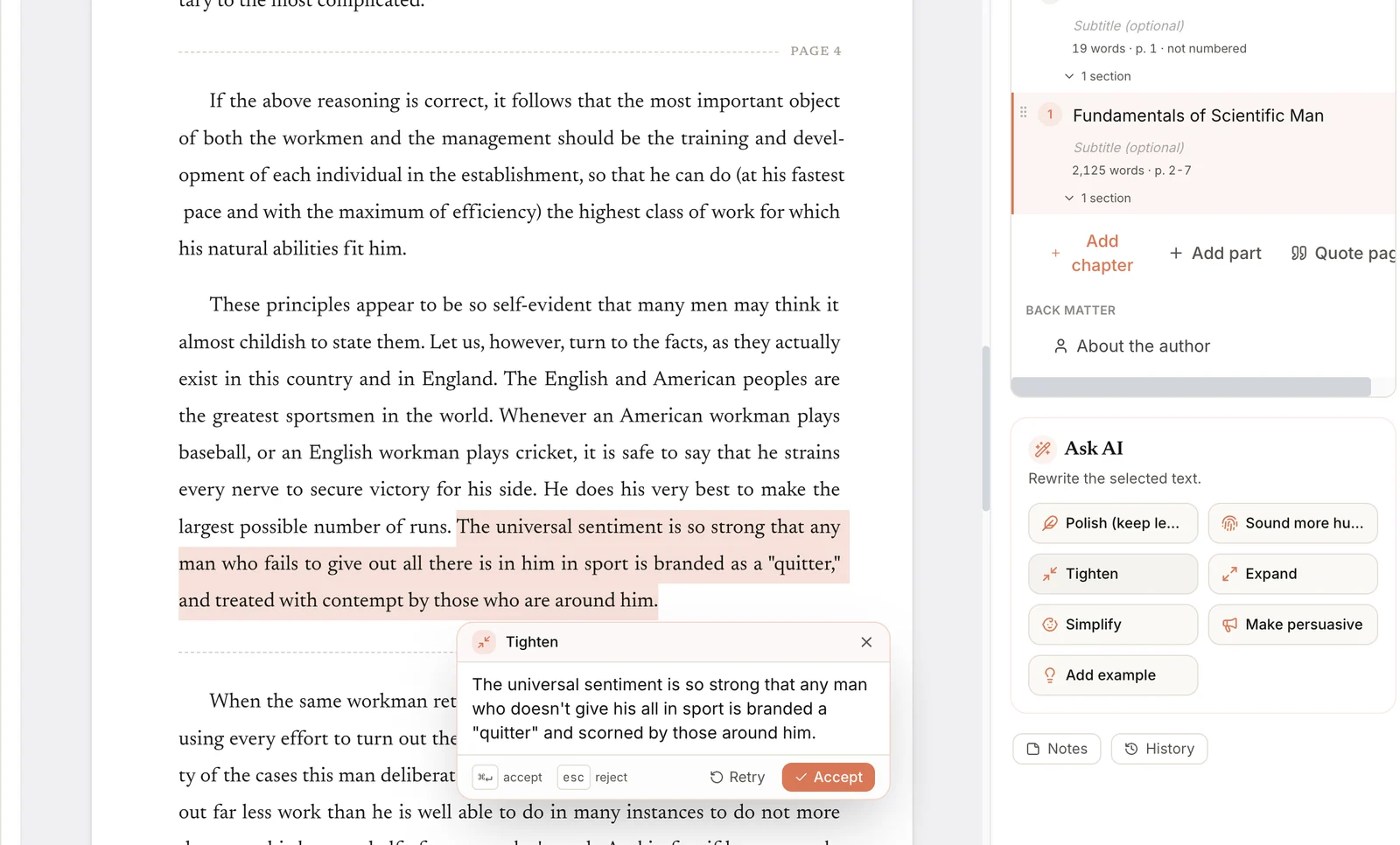 Built&Written Ask AI Tighten result on Taylor's quitter sentence that keeps the word universal, with Accept and Retry buttons