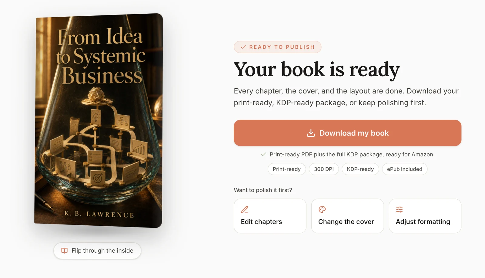 Built&Written Ready screen with Download my book and Edit chapters, Change the cover, Adjust formatting buttons