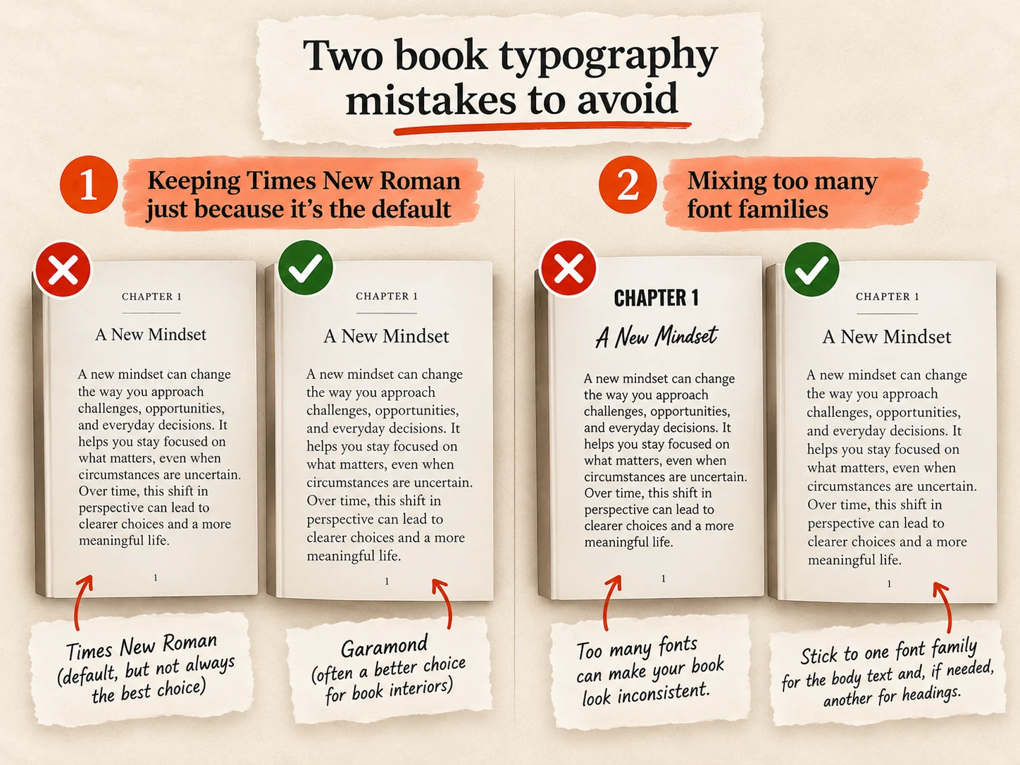 Four chapter pages in two pairs: a Times New Roman page next to a Garamond page, and a page mixing three typefaces next to one using a single font family