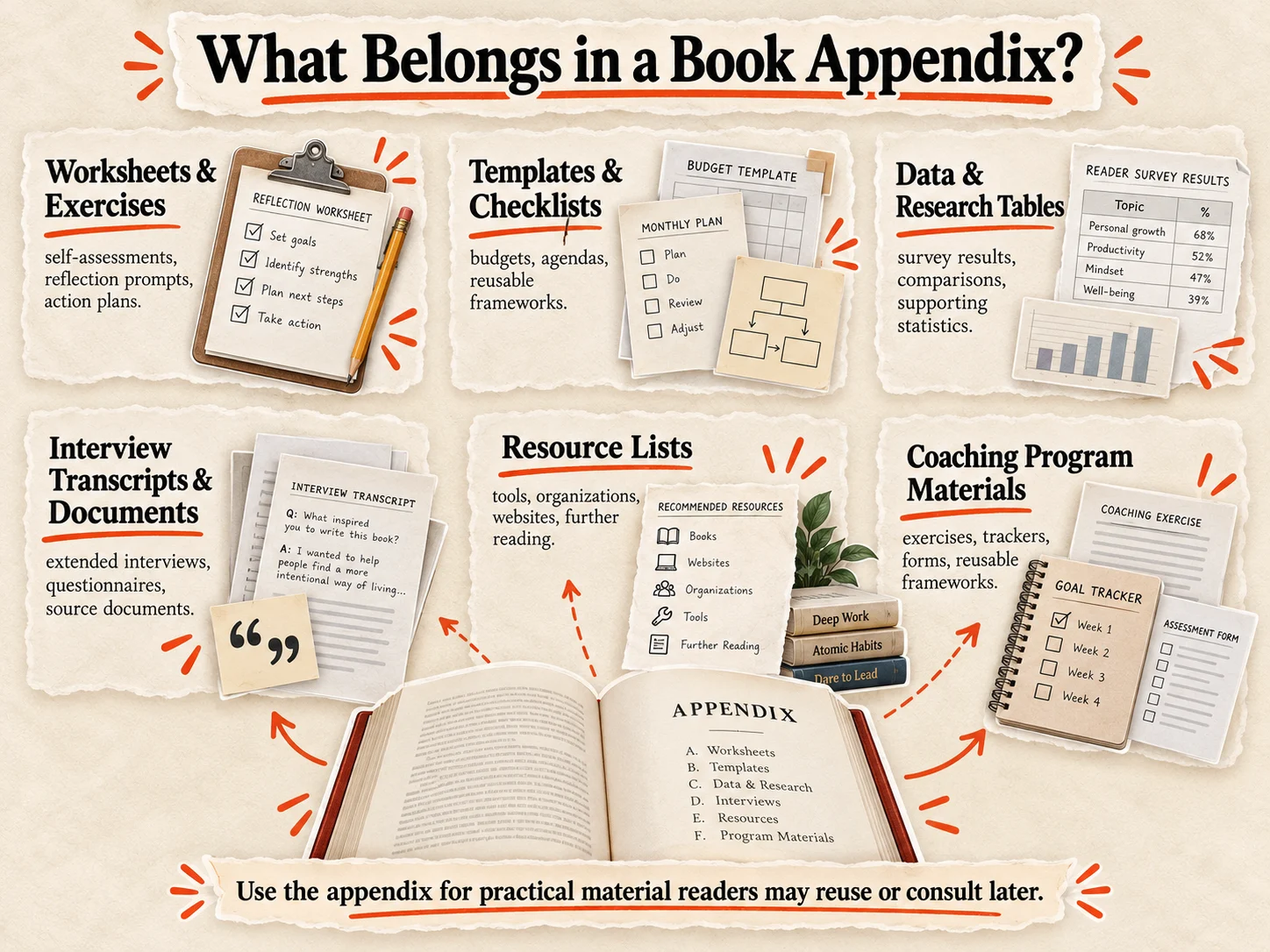 Infografik eines aufgeschlagenen Buches mit der Aufschrift Appendix und Pfeilen zu sechs Arten von Inhalten: Arbeitsblätter und Übungen, Vorlagen und Checklisten, Daten- und Forschungstabellen, Interviewtranskripte und Dokumente, Ressourcenlisten sowie Materialien aus Coaching-Programmen