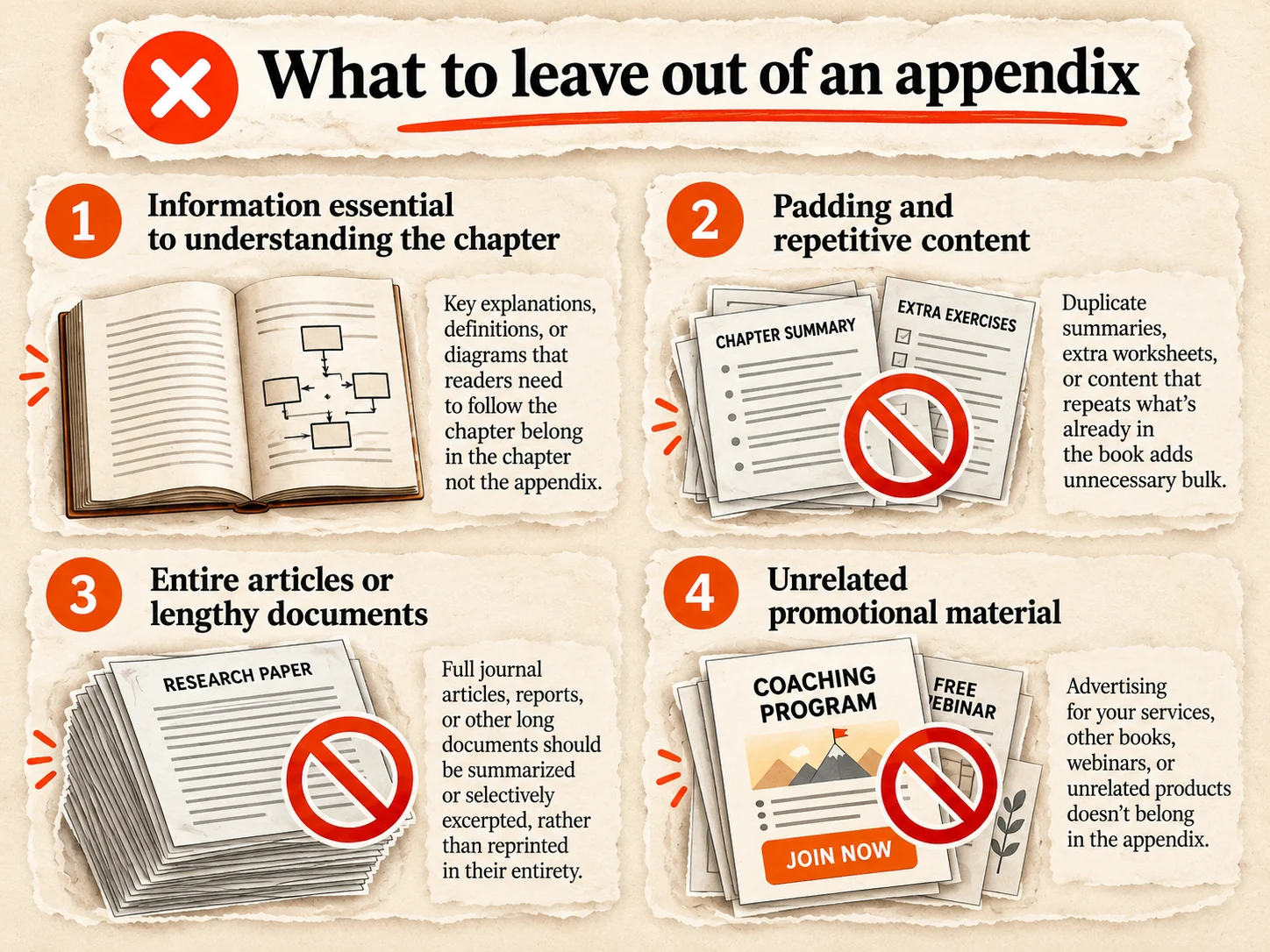 Infografik mit dem Titel What to leave out of an appendix, die vier durchgestrichene Beispiele zeigt: für das Kapitel wesentliche Informationen, Füllmaterial und Wiederholungen, ganze Artikel oder lange Dokumente sowie Werbematerial ohne Bezug