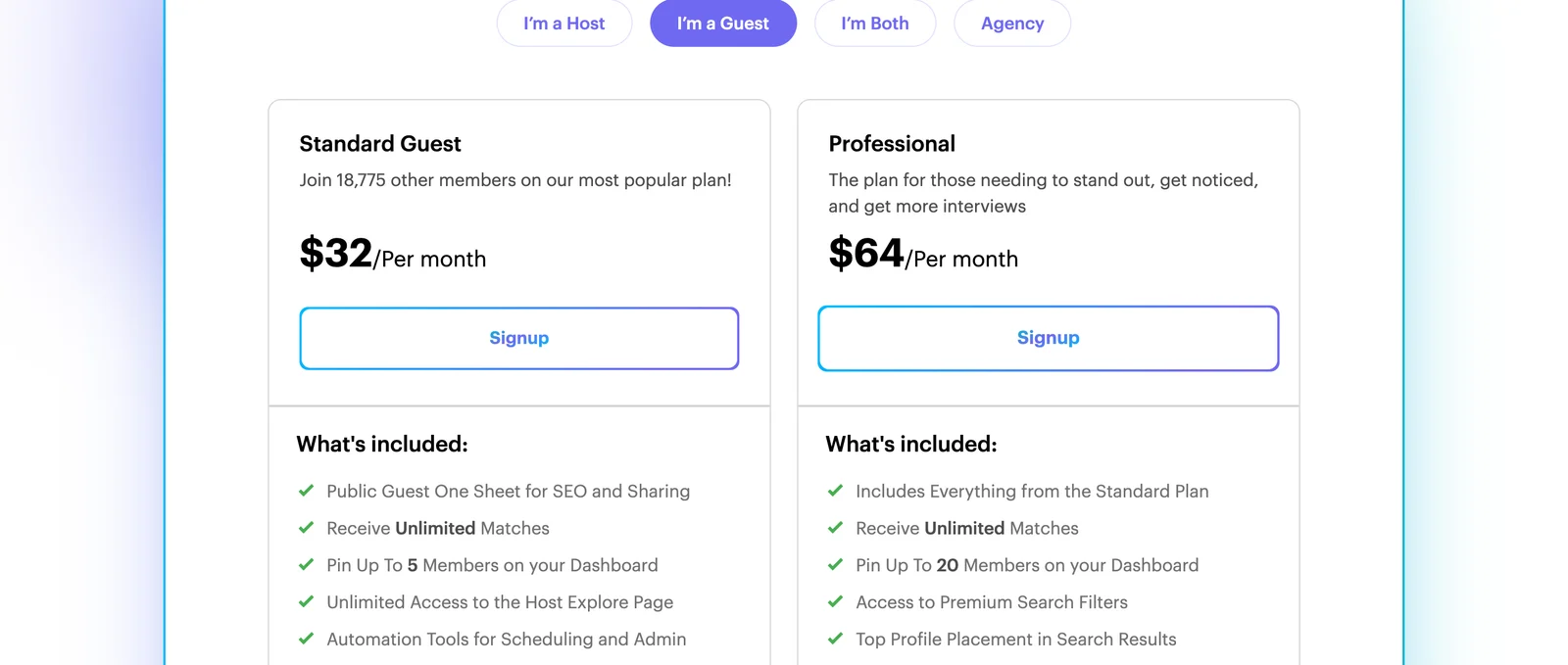 PodMatch pricing page: guest plans at $32 and $64 a month