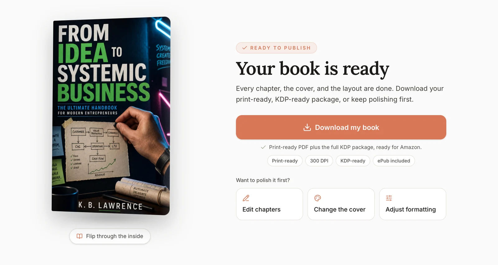 Built&Written Ready screen: Download my book, plus Edit chapters, Change the cover and Adjust formatting buttons