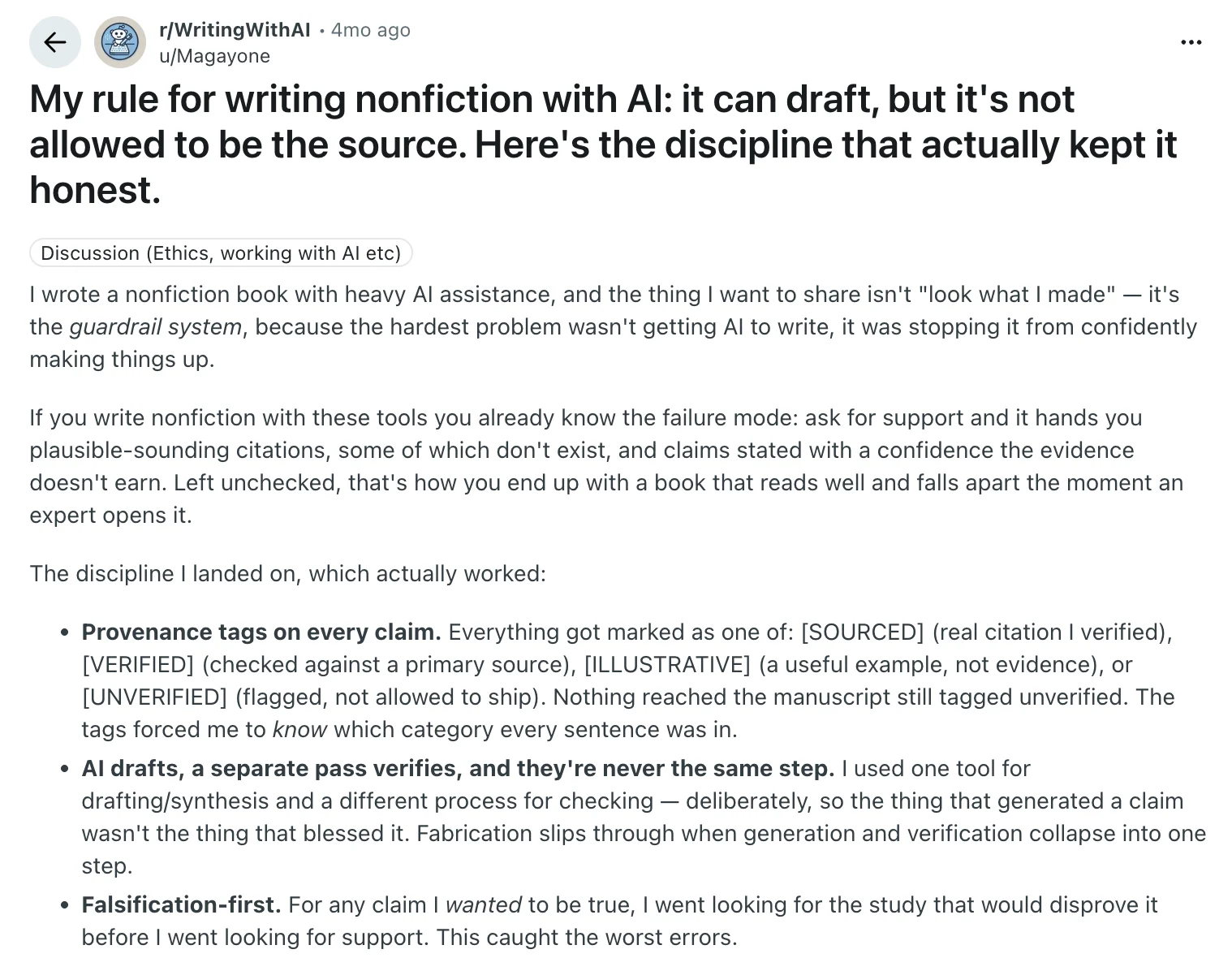 Screenshot of a Reddit post in r/WritingWithAI by u/Magayone titled "My rule for writing nonfiction with AI: it can draft, but it's not allowed to be the source", listing provenance tags (sourced, verified, illustrative, unverified), separate drafting and verification passes, and falsification-first checking.