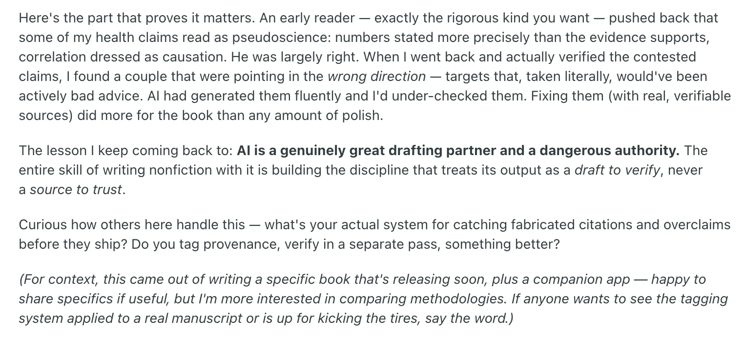 Second part of the same Reddit post: an early reader flagged health claims stated more precisely than the evidence supports, and the author calls AI a great drafting partner and a dangerous authority.