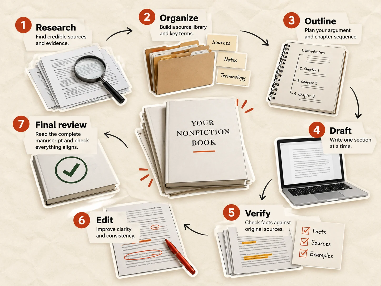 Circular diagram of seven numbered steps around a book titled "Your Nonfiction Book": 1 Research, 2 Organize, 3 Outline, 4 Draft, 5 Verify (facts, sources, examples), 6 Edit, 7 Final review.
